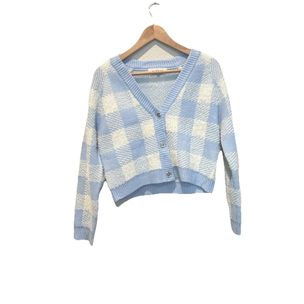 Willow & Wind 3 Button Cardigan Cropped Blue White Checker Pattern Women S